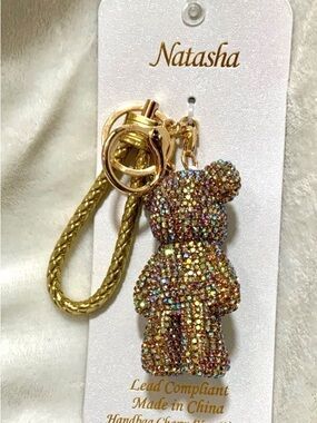 Natasha Couture Gold Multicolor Crystal Teddy Bear Keychain bag charm new